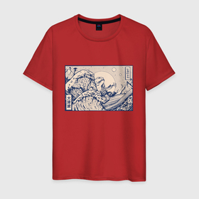 Мужская футболка хлопок с принтом Японская лягушка Укиё э в Новосибирске, 100% хлопок | прямой крой, круглый вырез горловины, длина до линии бедер, слегка спущенное плечо. | art | great wave | illustration | japan | japanese wave | kanji | storm | tentacle | toad | ukiyo e | wave | арт | большая волна | иероглифы | изобразительное искусство | иллюстрация | кандзи | картина | рисунок | шторм | щупальца | япония | 