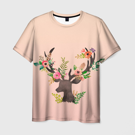 Мужская футболка 3D с принтом олень рога цветы в Новосибирске, 100% полиэфир | прямой крой, круглый вырез горловины, длина до линии бедер | ветки | голова | градиент | звери | косуля | лес | лето | лось | олененок | олень | природа | рога | силуэт | цветы