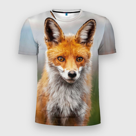 Мужская футболка 3D Slim с принтом Рыжая лисица фото в Курске, 100% полиэстер с улучшенными характеристиками | приталенный силуэт, круглая горловина, широкие плечи, сужается к линии бедра | Тематика изображения на принте: fox | foxy | животное | звери | лиса | лисенок | лисичка | милая | рыжая | фокс