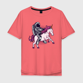 Мужская футболка хлопок Oversize с принтом Космонавт на единороге в Тюмени, 100% хлопок | свободный крой, круглый ворот, “спинка” длиннее передней части | fantasy | nasa | единорог | космонавт | космос | лошадка | наса | пони | психоделика | фэнтази
