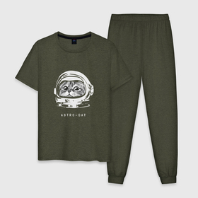 Мужская пижама хлопок с принтом Astro-cat в Тюмени, 100% хлопок | брюки и футболка прямого кроя, без карманов, на брюках мягкая резинка на поясе и по низу штанин
 | Тематика изображения на принте: astronaut | cat | space | астронавт | космонавт | космос | кот