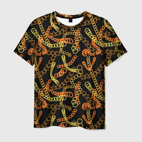 Мужская футболка 3D с принтом Цветные цепи, абстракция в Белгороде, 100% полиэфир | прямой крой, круглый вырез горловины, длина до линии бедер | абстракция | виртуальность | желтые | звезды | змеи | кольца | коричневые | круги | оранжевые | паттерн | разные | цветные | цепи | черный фон