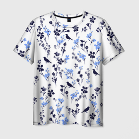 Мужская футболка 3D с принтом Цветы и птицы в Санкт-Петербурге, 100% полиэфир | прямой крой, круглый вырез горловины, длина до линии бедер | колокольчики | нежный | одуванчики | птица | птицы | рисунок | роза | ромашки | сирень | цветочек | цветочный | цветы
