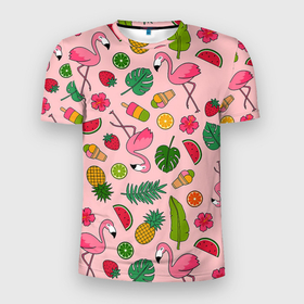 Мужская футболка 3D Slim с принтом Фламинго | Лето в Тюмени, 100% полиэстер с улучшенными характеристиками | приталенный силуэт, круглая горловина, широкие плечи, сужается к линии бедра | birds | flamingo | pink | stand | style | wings | youth | ананс | апельсин | арбуз | графика | жара | земляника | иллюстрация | картинка | клюв | красивые | крылья | лето | мода | молодежная | перья | птицы | рисунок | розовый