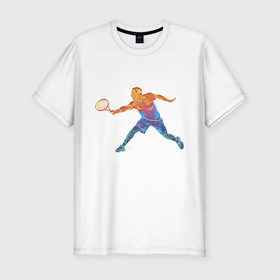 Мужская футболка хлопок Slim с принтом Tennis player - man в Курске, 92% хлопок, 8% лайкра | приталенный силуэт, круглый вырез ворота, длина до линии бедра, короткий рукав | colorful | player | tennis | игрок | спортсмен | теннис
