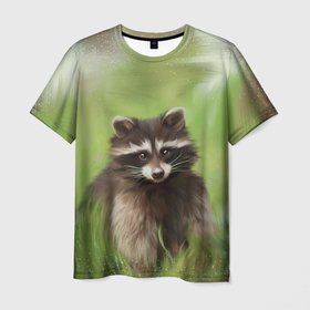 Мужская футболка 3D с принтом Лесной енот в Петрозаводске, 100% полиэфир | прямой крой, круглый вырез горловины, длина до линии бедер | racoon | домашний енот | енот полоскун | енотик | еноты | семейство енотовых