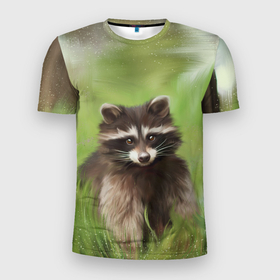 Мужская футболка 3D Slim с принтом Лесной енот в Курске, 100% полиэстер с улучшенными характеристиками | приталенный силуэт, круглая горловина, широкие плечи, сужается к линии бедра | racoon | домашний енот | енот полоскун | енотик | еноты | семейство енотовых