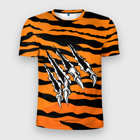 Мужская футболка 3D Slim с принтом След от когтей тигра в Белгороде, 100% полиэстер с улучшенными характеристиками | приталенный силуэт, круглая горловина, широкие плечи, сужается к линии бедра | tiger | восточный тигр | год тигра | когти | кошка | тигр | тигренок | хищник