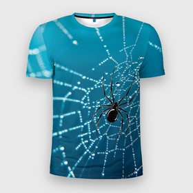 Мужская футболка 3D Slim с принтом Паук в Екатеринбурге, 100% полиэстер с улучшенными характеристиками | приталенный силуэт, круглая горловина, широкие плечи, сужается к линии бедра | капли | капли на паутине | паук | паутина