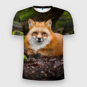 Мужская футболка 3D Slim с принтом Взрослый строгий   лис в Курске, 100% полиэстер с улучшенными характеристиками | приталенный силуэт, круглая горловина, широкие плечи, сужается к линии бедра | Тематика изображения на принте: fox | foxy | животное | звери | лиса | лисенок | лисичка | милая | рыжая | фокс