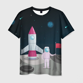 Мужская футболка 3D с принтом Астронавт покоряет космос в Курске, 100% полиэфир | прямой крой, круглый вырез горловины, длина до линии бедер | astronaut | moon | planets | rocket | shuttle | space | stars | звёзды | космонавт | космос | луна | планеты | ракета | шаттл