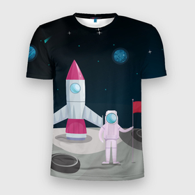 Мужская футболка 3D Slim с принтом Астронавт покоряет космос в Новосибирске, 100% полиэстер с улучшенными характеристиками | приталенный силуэт, круглая горловина, широкие плечи, сужается к линии бедра | astronaut | moon | planets | rocket | shuttle | space | stars | звёзды | космонавт | космос | луна | планеты | ракета | шаттл