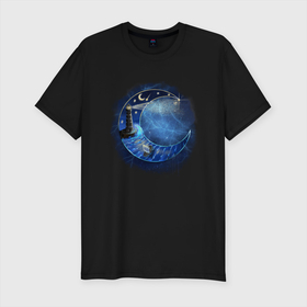 Мужская футболка хлопок Slim с принтом Лунная ночь у моря в Тюмени, 92% хлопок, 8% лайкра | приталенный силуэт, круглый вырез ворота, длина до линии бедра, короткий рукав | lighthouse | night | звезды | космос | луна | маяк | море