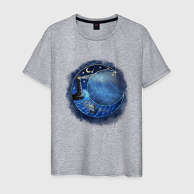 Мужская футболка хлопок с принтом Лунная ночь у моря в Новосибирске, 100% хлопок | прямой крой, круглый вырез горловины, длина до линии бедер, слегка спущенное плечо. | lighthouse | night | звезды | космос | луна | маяк | море