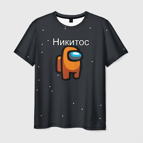 Мужская футболка 3D с принтом Никитос Among us в Новосибирске, 100% полиэфир | прямой крой, круглый вырез горловины, длина до линии бедер | name | names | имена | имя | надписи | никита | прикольные | стикер