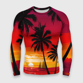 Мужской рашгард 3D с принтом Гавайский закат ,  |  | гавайи | закат | корабль | лето | море | отдых | пальмы | пейзаж | песок | пляж | природа | тропики