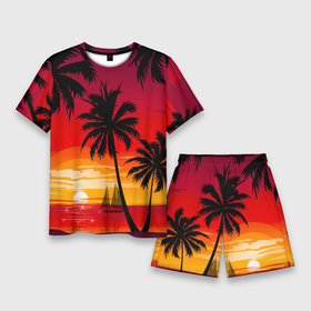 Мужской костюм с шортами 3D с принтом Гавайский закат ,  |  | Тематика изображения на принте: гавайи | закат | корабль | лето | море | отдых | пальмы | пейзаж | песок | пляж | природа | тропики