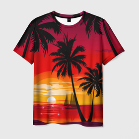 Мужская футболка 3D с принтом Гавайский закат в Екатеринбурге, 100% полиэфир | прямой крой, круглый вырез горловины, длина до линии бедер | гавайи | закат | корабль | лето | море | отдых | пальмы | пейзаж | песок | пляж | природа | тропики