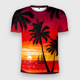 Мужская футболка 3D спортивная с принтом Гавайский закат в Санкт-Петербурге, 100% полиэстер с улучшенными характеристиками | приталенный силуэт, круглая горловина, широкие плечи, сужается к линии бедра | гавайи | закат | корабль | лето | море | отдых | пальмы | пейзаж | песок | пляж | природа | тропики