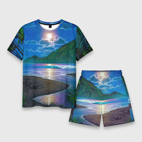 Мужской костюм с шортами 3D с принтом Гавайский пейзаж ,  |  | гавайи | корабль | лето | море | отдых | пальмы | пейзаж | песок | пляж | природа | тропики