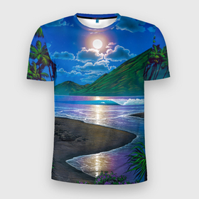 Мужская футболка 3D спортивная с принтом Гавайский пейзаж , 100% полиэстер с улучшенными характеристиками | приталенный силуэт, круглая горловина, широкие плечи, сужается к линии бедра | гавайи | корабль | лето | море | отдых | пальмы | пейзаж | песок | пляж | природа | тропики