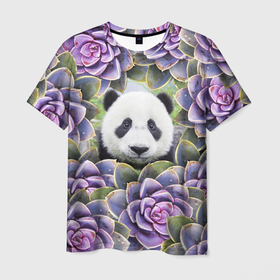 Мужская футболка 3D с принтом Панда среди цветов , 100% полиэфир | прямой крой, круглый вырез горловины, длина до линии бедер | flower | flowers | panda | панда | цветы
