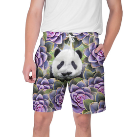 Мужские шорты 3D с принтом Панда среди цветов в Петрозаводске,  полиэстер 100% | прямой крой, два кармана без застежек по бокам. Мягкая трикотажная резинка на поясе, внутри которой широкие завязки. Длина чуть выше колен | Тематика изображения на принте: flower | flowers | panda | панда | цветы
