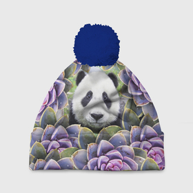 Шапка 3D c помпоном с принтом Панда среди цветов в Петрозаводске, 100% полиэстер | универсальный размер, печать по всей поверхности изделия | Тематика изображения на принте: flower | flowers | panda | панда | цветы