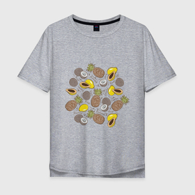 Мужская футболка хлопок Oversize с принтом ананас папайя кокос в Белгороде, 100% хлопок | свободный крой, круглый ворот, “спинка” длиннее передней части | ананас | ананасик | веган | вегетарианец | вегетарианство | здоровое питание | кокос | надписи | папайя | папая | рисунок | фрукты | фруторианец | фруторианство | экзотические