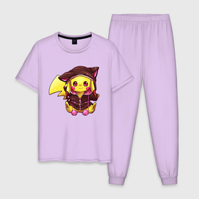 Мужская пижама хлопок с принтом Пикачу девочка в костюме в Белгороде, 100% хлопок | брюки и футболка прямого кроя, без карманов, на брюках мягкая резинка на поясе и по низу штанин
 | anime | picachu | pikachu | аниме | красная шапочка | милый | пика | пикачу | покебол | покемон
