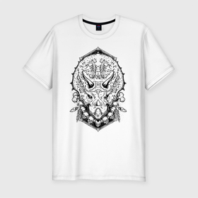 Мужская футболка хлопок Slim с принтом Трицераптос в Новосибирске, 92% хлопок, 8% лайкра | приталенный силуэт, круглый вырез ворота, длина до линии бедра, короткий рукав | Тематика изображения на принте: динозавр | охотник | трицератопс | черно белое