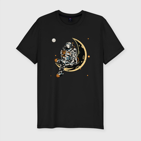 Мужская футболка хлопок Slim с принтом Космонавт пьет кофе на луне в Курске, 92% хлопок, 8% лайкра | приталенный силуэт, круглый вырез ворота, длина до линии бедра, короткий рукав | adventure | coffee | cosmonaut | cosmos | moon | space | астронавт | космонавт | космос | кофе | луна