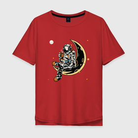 Мужская футболка хлопок Oversize с принтом Космонавт пьет кофе на луне , 100% хлопок | свободный крой, круглый ворот, “спинка” длиннее передней части | Тематика изображения на принте: adventure | coffee | cosmonaut | cosmos | moon | space | астронавт | космонавт | космос | кофе | луна