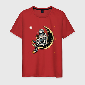 Мужская футболка хлопок с принтом Космонавт пьет кофе на луне в Санкт-Петербурге, 100% хлопок | прямой крой, круглый вырез горловины, длина до линии бедер, слегка спущенное плечо. | adventure | coffee | cosmonaut | cosmos | moon | space | астронавт | космонавт | космос | кофе | луна