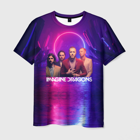 Мужская футболка 3D с принтом Imagine Dragons , 100% полиэфир | прямой крой, круглый вырез горловины, длина до линии бедер | american band | art | circle | dragons | music | neon | night visions | purple | rock | ultraviolet
