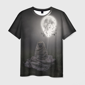 Мужская футболка 3D с принтом Мопс и луна в Тюмени, 100% полиэфир | прямой крой, круглый вырез горловины, длина до линии бедер | луна | мопс | ночь | пёс | собака | собачка | щенок