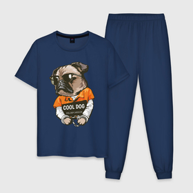 Мужская пижама хлопок с принтом Пес в наручниках в Курске, 100% хлопок | брюки и футболка прямого кроя, без карманов, на брюках мягкая резинка на поясе и по низу штанин
 | cool | dog | заключенный | мопс | наручники | очки | пес | собака