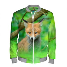 Мужской бомбер 3D с принтом Лисенок в зеленом лесу в Петрозаводске, 100% полиэстер | застегивается на молнию, по бокам два кармана без застежек, по низу бомбера и на воротнике - эластичная резинка | fox | foxy | животное | звери | лиса | лисенок | лисичка | милая | рыжая | фокс
