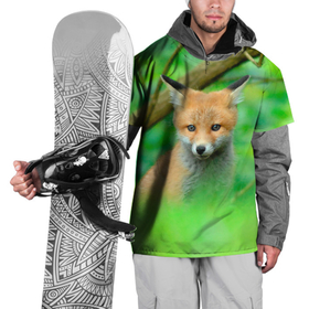 Накидка на куртку 3D с принтом Лисенок в зеленом лесу в Тюмени, 100% полиэстер |  | fox | foxy | животное | звери | лиса | лисенок | лисичка | милая | рыжая | фокс