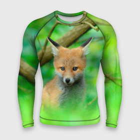 Мужской рашгард 3D с принтом Лисенок в зеленом лесу в Кировске,  |  | fox | foxy | животное | звери | лиса | лисенок | лисичка | милая | рыжая | фокс