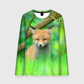 Мужской лонгслив 3D с принтом Лисенок в зеленом лесу в Белгороде, 100% полиэстер | длинные рукава, круглый вырез горловины, полуприлегающий силуэт | fox | foxy | животное | звери | лиса | лисенок | лисичка | милая | рыжая | фокс