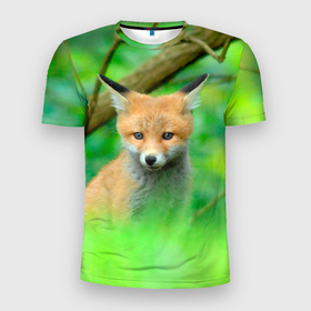 Мужская футболка 3D Slim с принтом Лисенок в зеленом лесу в Петрозаводске, 100% полиэстер с улучшенными характеристиками | приталенный силуэт, круглая горловина, широкие плечи, сужается к линии бедра | fox | foxy | животное | звери | лиса | лисенок | лисичка | милая | рыжая | фокс