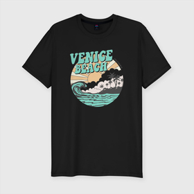 Мужская футболка хлопок Slim с принтом VENICE BEACH в Кировске, 92% хлопок, 8% лайкра | приталенный силуэт, круглый вырез ворота, длина до линии бедра, короткий рукав | venice | восход | закат | море | небо | отдых | пальмы | пляж | природа | солнце