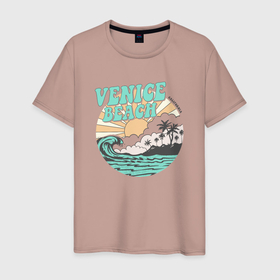 Мужская футболка хлопок с принтом VENICE BEACH в Тюмени, 100% хлопок | прямой крой, круглый вырез горловины, длина до линии бедер, слегка спущенное плечо. | Тематика изображения на принте: venice | восход | закат | море | небо | отдых | пальмы | пляж | природа | солнце