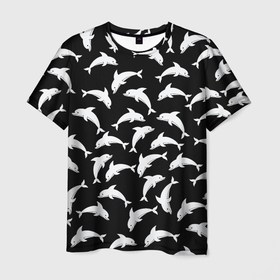 Мужская футболка 3D с принтом Дельфиновый фон | Dolphin в Екатеринбурге, 100% полиэфир | прямой крой, круглый вырез горловины, длина до линии бедер | dolphin | дельфин | дельфиновый фон | дельфины | косатка | морской житель | пляжная