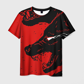 Мужская футболка 3D с принтом Красный волк 3D в Санкт-Петербурге, 100% полиэфир | прямой крой, круглый вырез горловины, длина до линии бедер | Тематика изображения на принте: абстракция | волк | злой | зубы | илюстрация | искуство | культура | минимализм | оскал | текстура | ярость