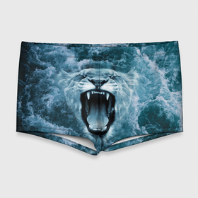 Мужские купальные плавки 3D с принтом Львица в бушующих волнах в Санкт-Петербурге, Полиэстер 85%, Спандекс 15% |  | волны | крупная кошка | лев | львица | море | океан