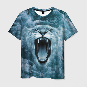 Мужская футболка 3D с принтом Львица в бушующих волнах в Курске, 100% полиэфир | прямой крой, круглый вырез горловины, длина до линии бедер | волны | крупная кошка | лев | львица | море | океан