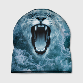 Шапка 3D с принтом Львица в бушующих волнах в Курске, 100% полиэстер | универсальный размер, печать по всей поверхности изделия | волны | крупная кошка | лев | львица | море | океан