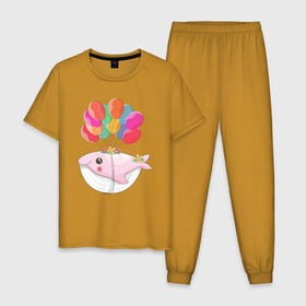 Мужская пижама хлопок с принтом Розовый кит летящий на шариках в Новосибирске, 100% хлопок | брюки и футболка прямого кроя, без карманов, на брюках мягкая резинка на поясе и по низу штанин
 | fish | день рождения | кит | лето | отдых | праздник | рыба | рыбалка | шарики